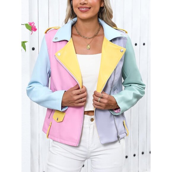 Women Faux Leather Motorcycle Jacket Multicolor Stand Collar with Pockets Coat - Picture 5 of 6